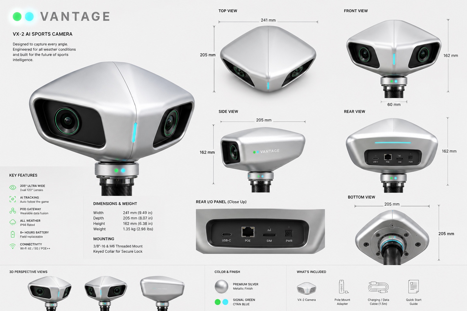 Vantage VX-2 concept specification sheet: 241 by 205 by 162 millimetres, 1.35 kilograms, dual lenses, connectivity and mounting views
